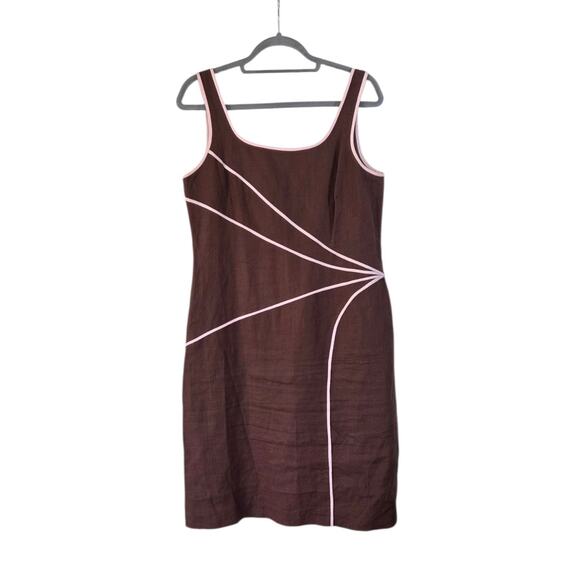 Spenser Jeremy Chocolate Brown Pink 100% Linen Retro Mod Knee Length Dress Sz 10 - Picture 1 of 12